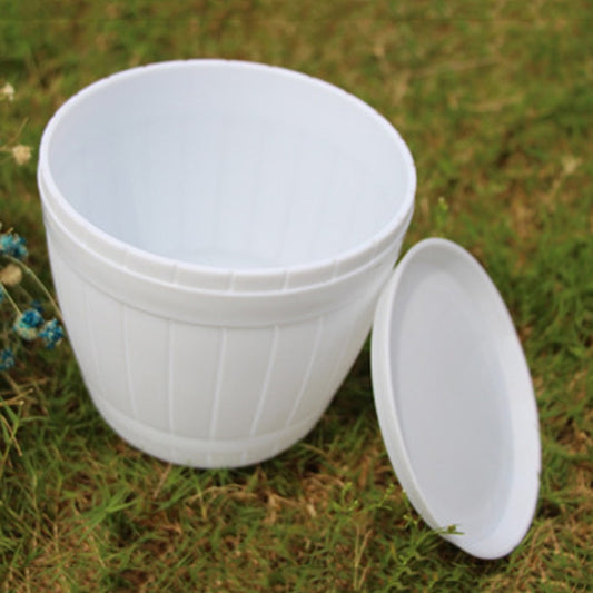 10 PCS Imitation Wooden Barrel Plastic Resin Flower Pot with Tray, Top Diameter: 9cm, Height: 6.5cm, Top Diameter: 9cm