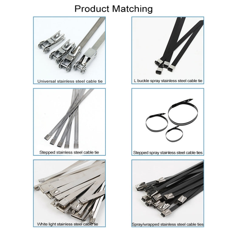 Compatibility panel showing different stainless steel cable ties in four images