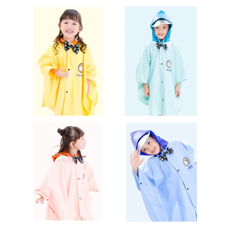 Kids hooded rain poncho cloaks in blue, yellow, and pink, each with bow tie
