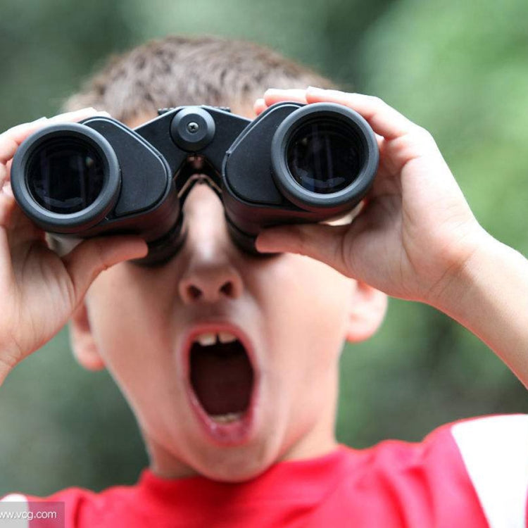 Black 20x50 binoculars held to eyes with blue-tinted lenses and rubber eyecups