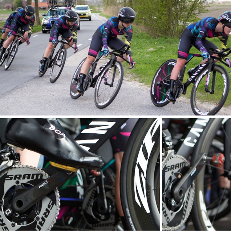 Cycling race group with bike close-ups, handlebars and pedals visible