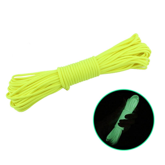 Fluorescent yellow camping rope coil with green glow detail inset