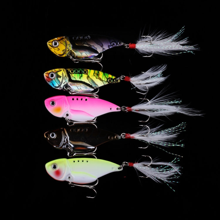 5-piece VIB fishing lure set with feather tails and treble hooks in mixed colors