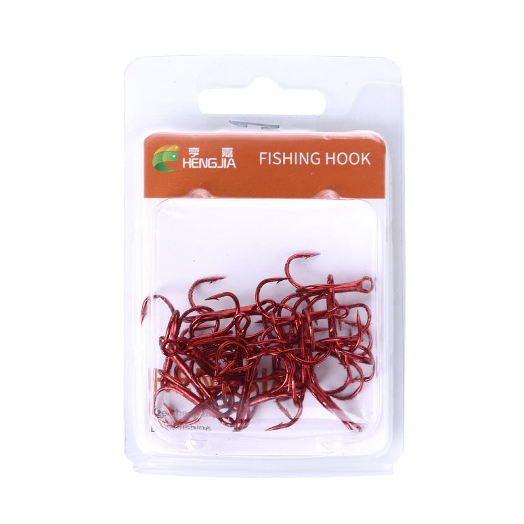 HENGJIA fishing hook blister pack with multiple red treble hooks inside.