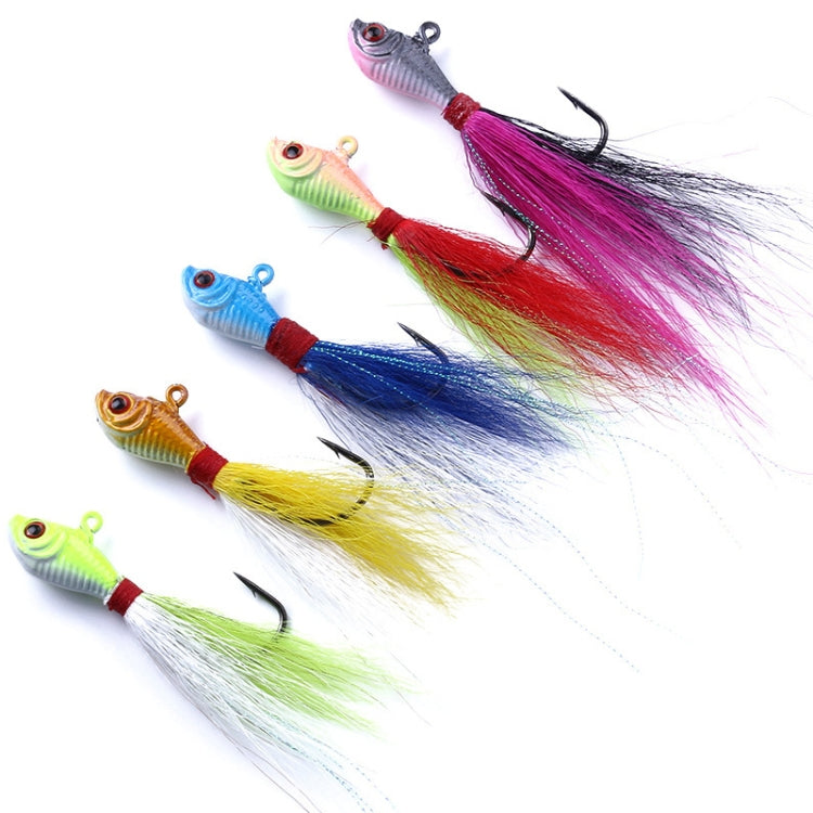 Assorted artificial fishing lures with colorful feather skirts and treble hooks