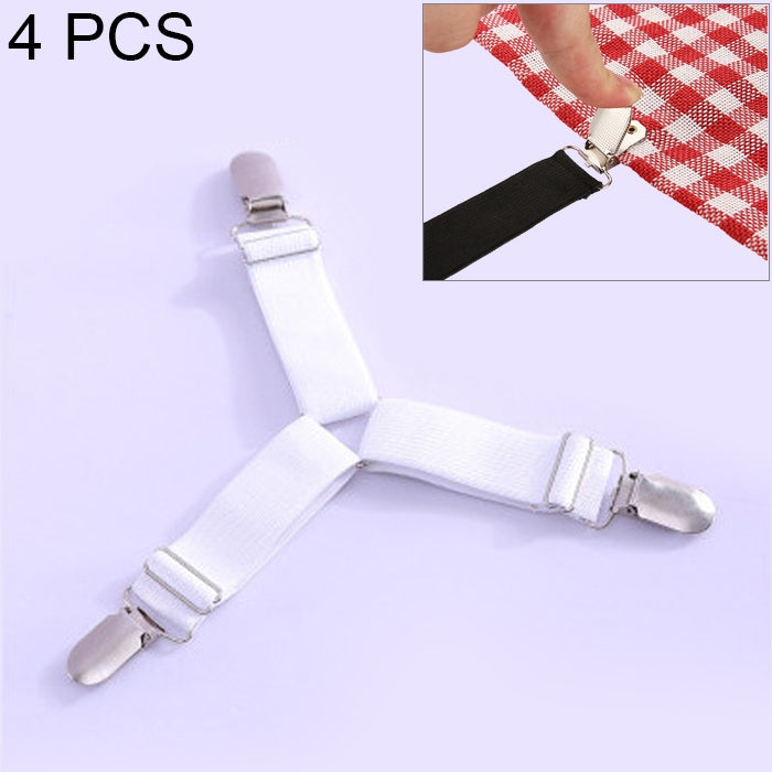 White elastic strap holder set with silver metal clips and adjustable buckles