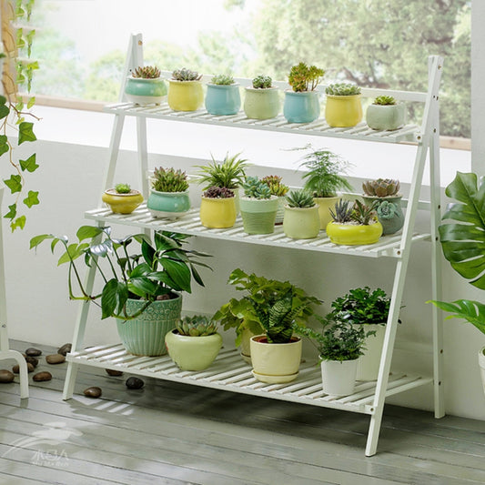 Bamboo 3-Tier Hanging Plant Stand Planter Shelves Flower Pot Storage Rack Folding Display Shelving Plants Shelf, Width: 100cm, 3-Tie Width: 100cm(White), 3-Tie Width: 100cm(Apricot)