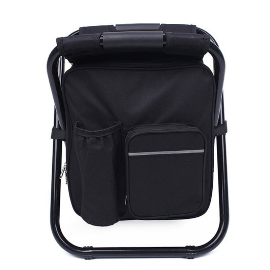 Black folding camping chair with front pouch, side pocket, and padded seat on steel frame