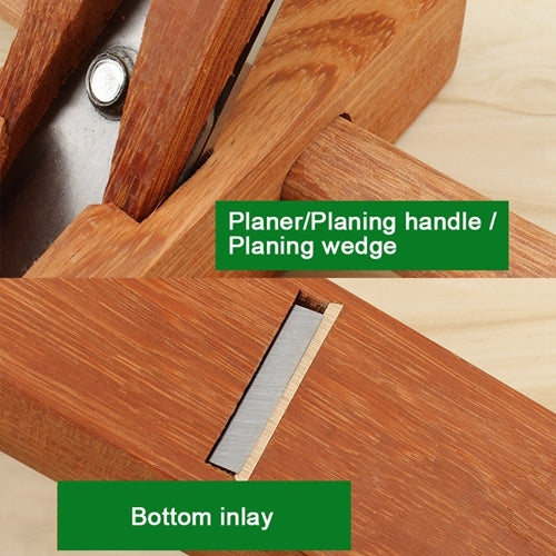 Wood hand plane detail showing planning wedge and bottom inlay