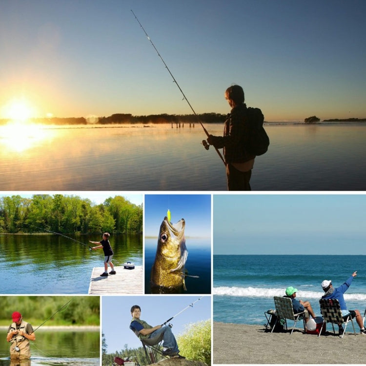 Mini ice fishing rod featured in outdoor fishing collage with line and catch