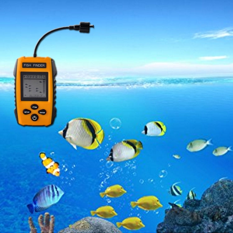 Portable wired fish finder with orange LCD unit and sonar cable beside fish