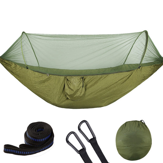 Olive parachute hammock with mosquito net and included carrying/bungee accessories