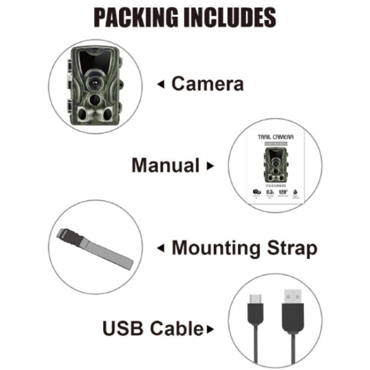 Trail camera kit contents: camera, mounting strap, and USB cable