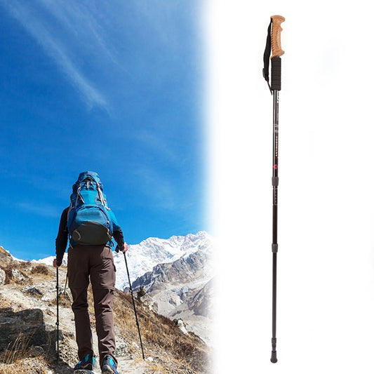 Black 135 cm trekking pole with cork grip and wrist strap, single pole