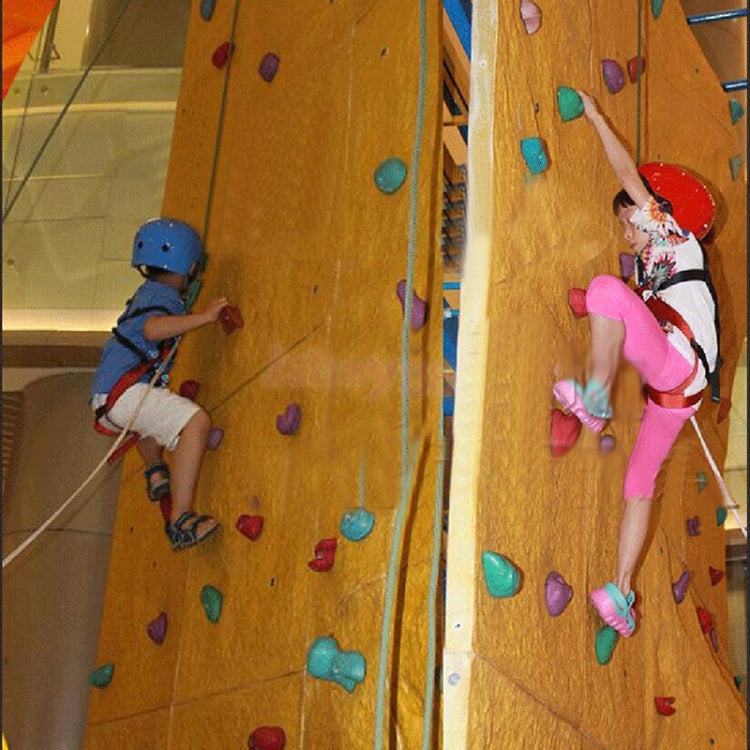 Children wearing climbing harnesses with red-and-black straps and front rings.