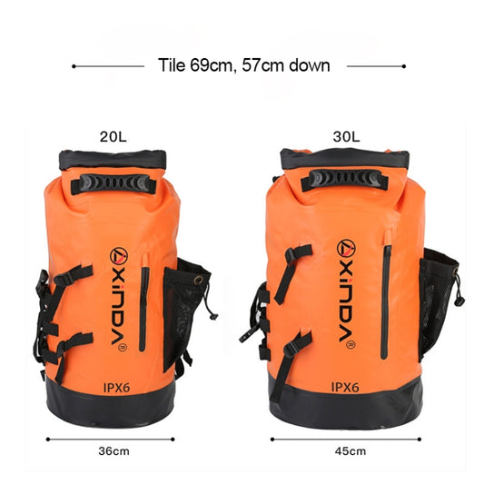 Orange waterproof dry bag with roll-top closure and side straps, marked 30L