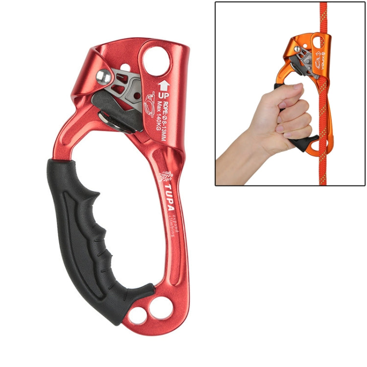 Handheld left-hand rope gripper, red-orange frame with black handle and rope attachment.
