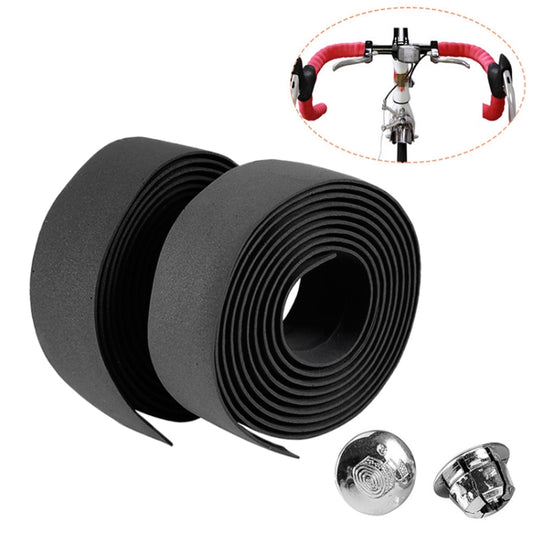 Cycling handlebar tape roll in dark black with two bar-end plugs included.