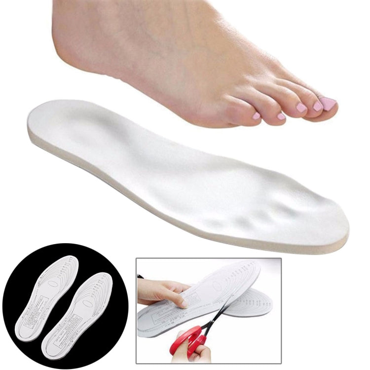Pair of white memory foam insoles with side profile and inset underside view