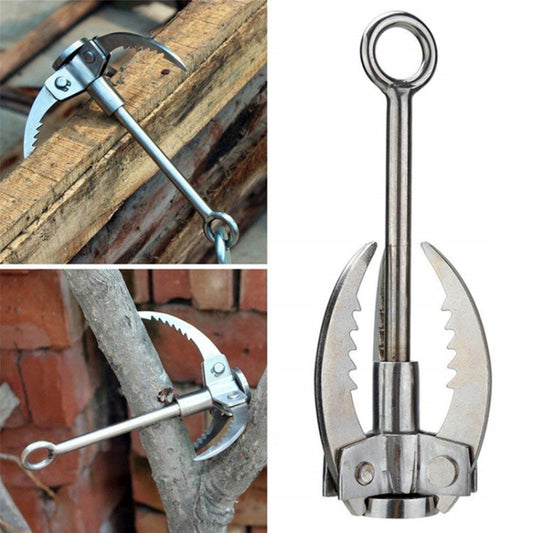 Silver folding grappling hook carabiner with three claw blades and loop ring.