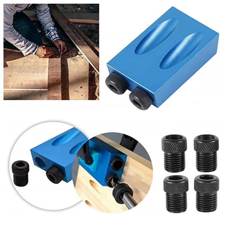 Blue hole locator jig base with included threaded bushings and guide holes