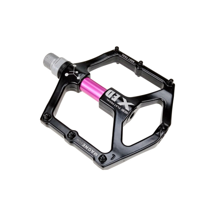 Bicycle folding pedal with pink center bar, black magnesium alloy frame, grip pins