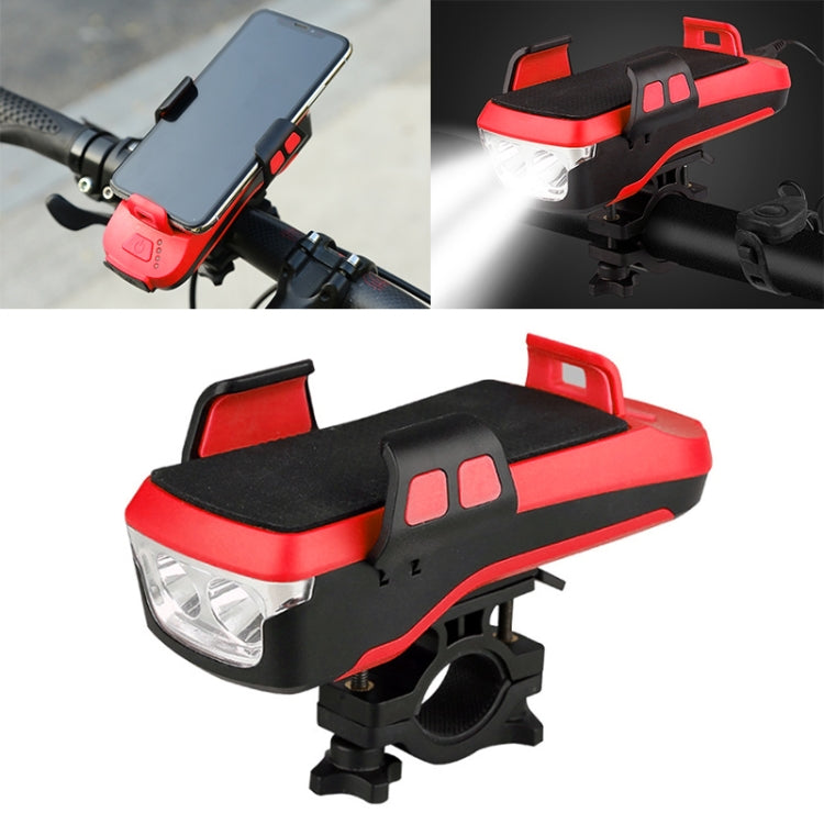 Red front LED bicycle light with handlebar mount and built-in phone holder