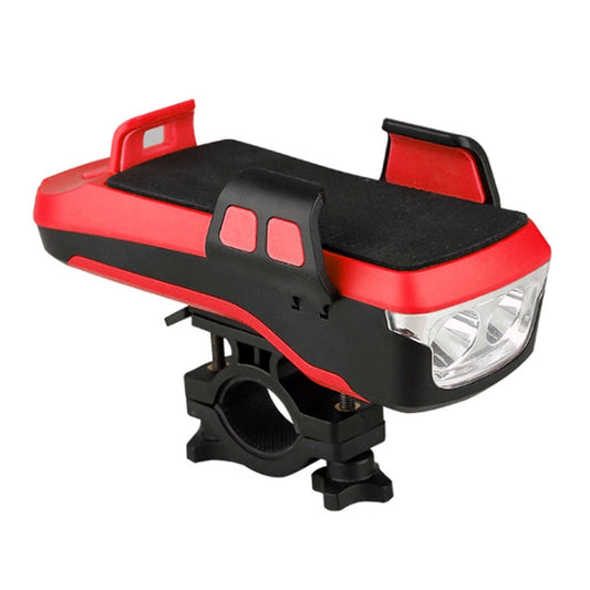 Red bicycle front LED light with phone holder cradle and handlebar mounting bracket