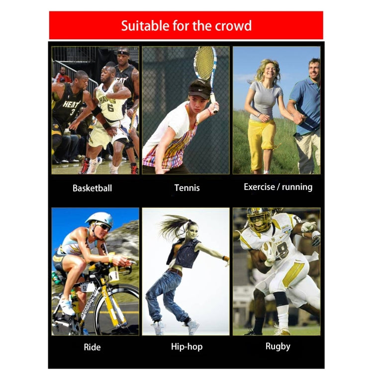 Blue elastic knee support guards for basketball, shown in sports-use infographic