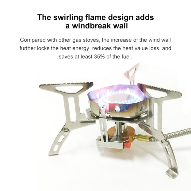 Portable stainless steel camping stove with swirling flame and windproof guard frame