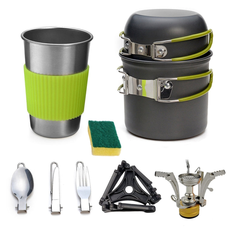 Portable camping cooking set with two stainless cups, green sleeves, and included utensils