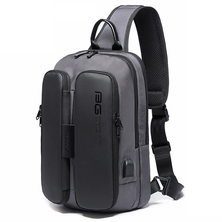 Black and grey chest bag with front organizer panel and side zippers