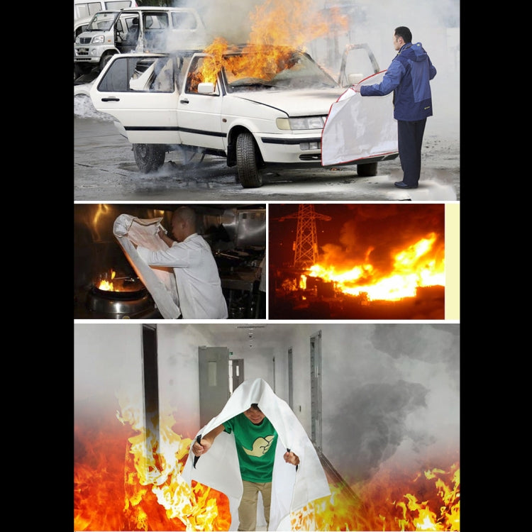 White fire blanket being held over a person for emergency escape