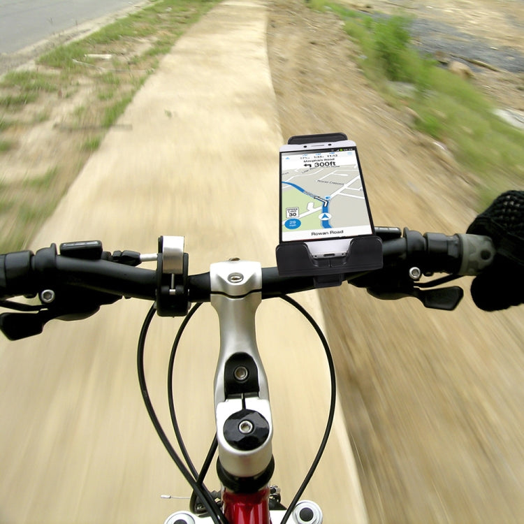 Bicycle phone holder mounted on handlebars, holding a smartphone