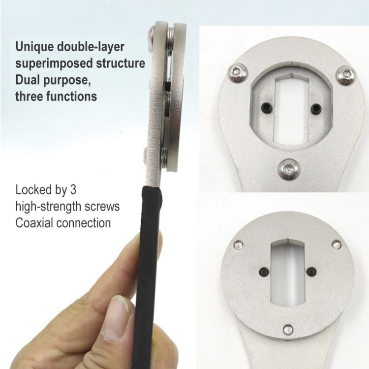Bicycle service spanner with metal head, three mounting screws, and black grip handle