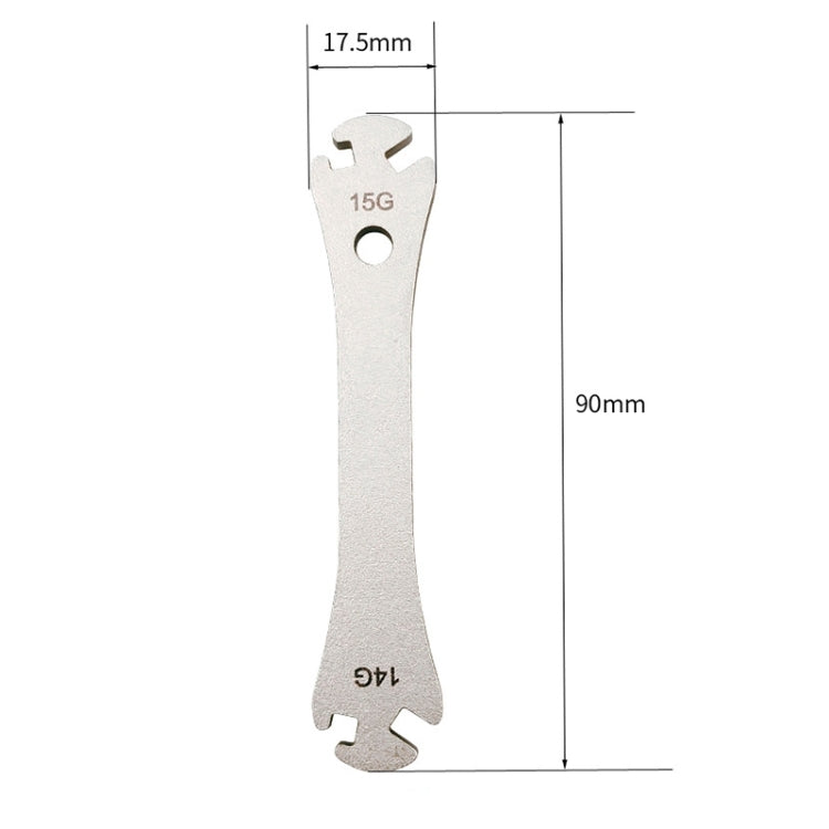 Bicycle spoke wrench, 15G marked; shows 17.5mm and 90mm size dimensions