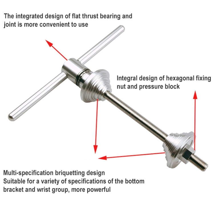 Bike axle press tool with cross handle, hex nut, pressure block, and threaded rod