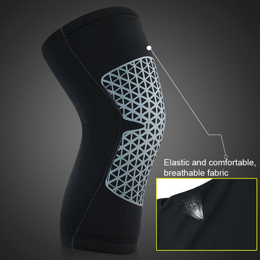 Black knee sleeve with white geometric lattice protective panel over the knee area.