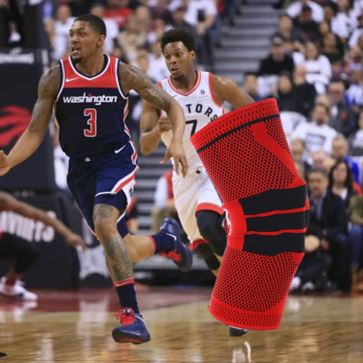 Knee protector sleeve in red knit mesh with black support bands