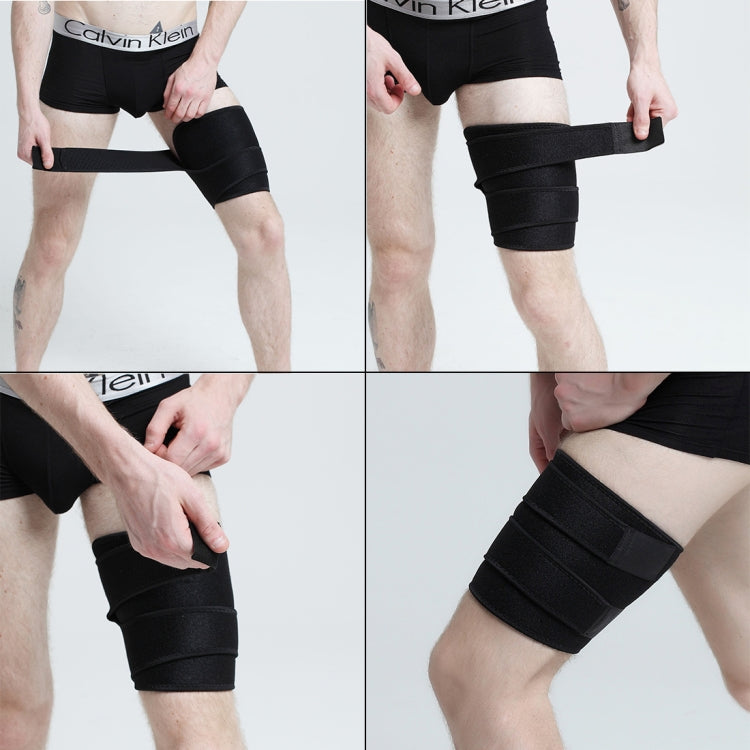 Black adjustable thigh brace with padded wrap bands, shown fastening