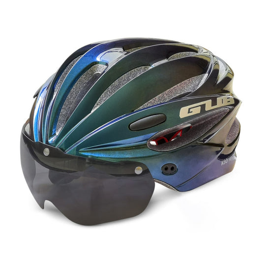 GUB K80 Plus bike helmet with visor and goggles, gradient blue shell with black visor