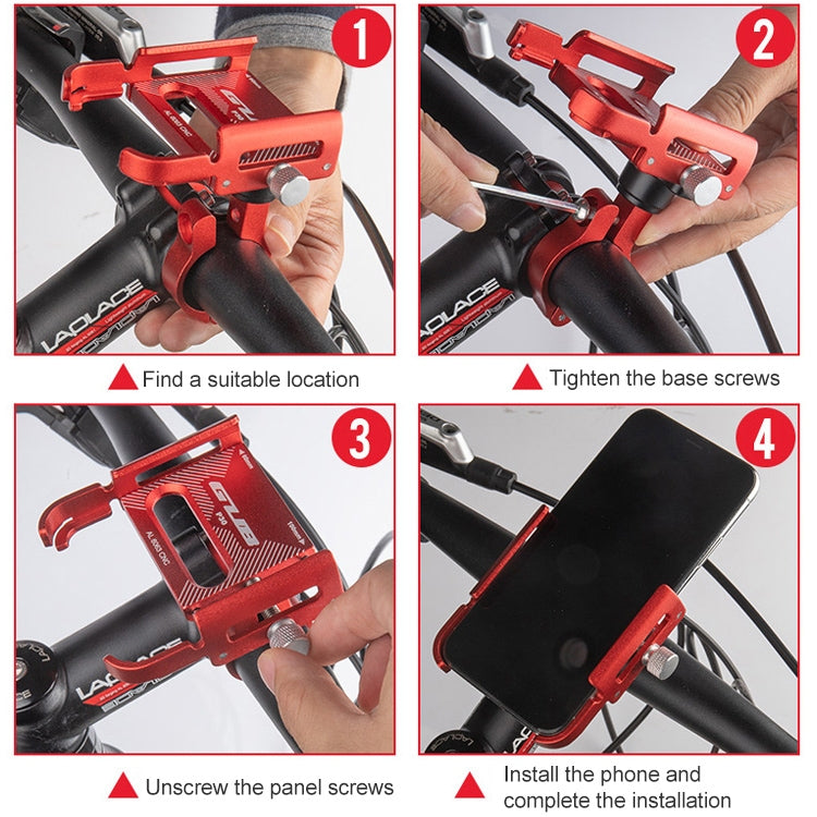 Red aluminum bike phone holder installed on handlebars with phone secured by clamp