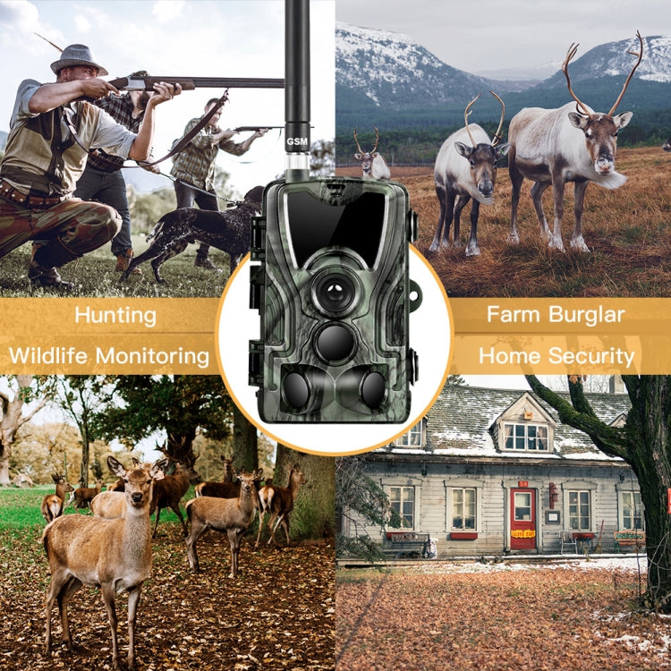 Camouflage trail camera with front lens and antenna, featured for monitoring use