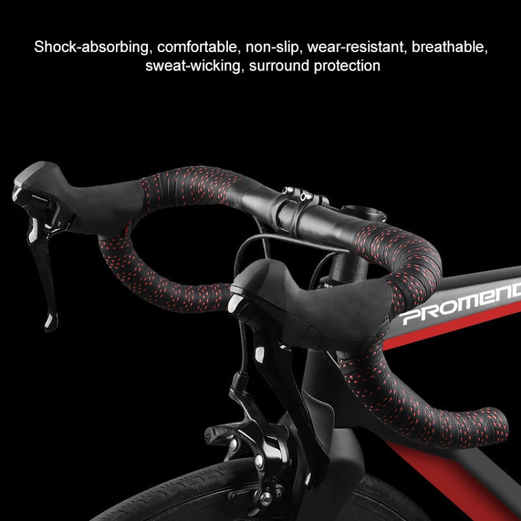 Bicycle handlebar grip tape on handlebars, black with red dotted texture and comfort wrap