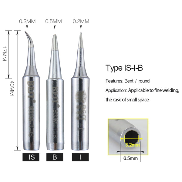 Type IS-I-B conical soldering tips; shown widths 0.2, 0.3, 0.5mm