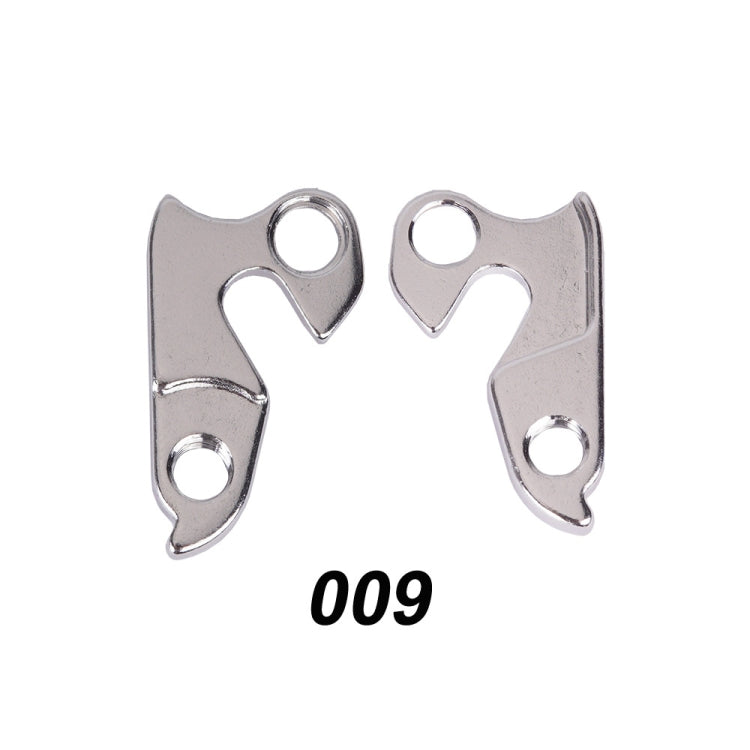Rear derailleur tail hook set of 2, silver alloy, marked 009, with mounting holes