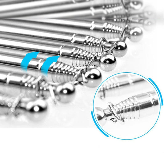 Telescopic stainless steel teaching pointer close-up with spring segments and ball end