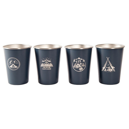 4-piece folding stainless steel water cup set in dark blue with camping emblems