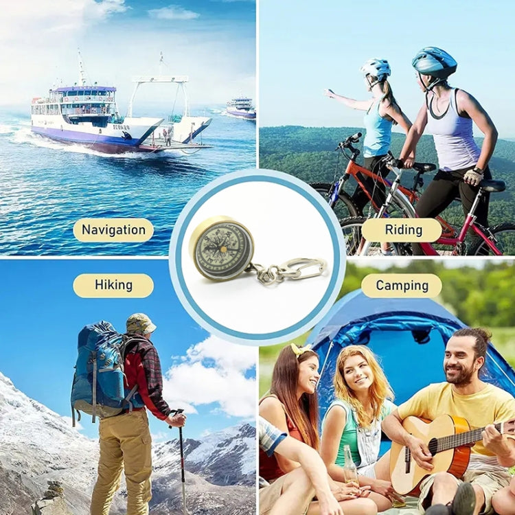 Vintage compass keychain centered on outdoor activities collage.