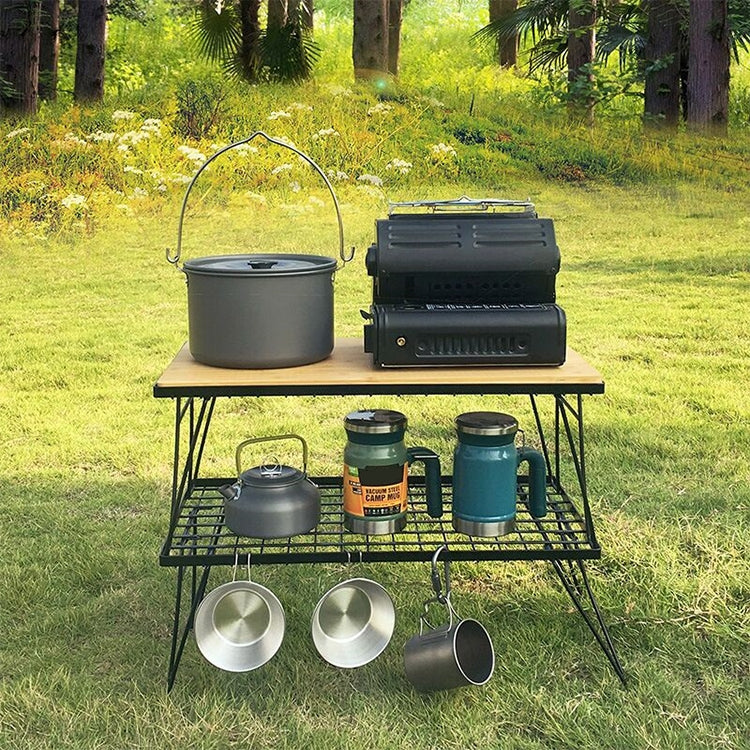 Campsite folding outdoor table with wood top and black mesh lower rack